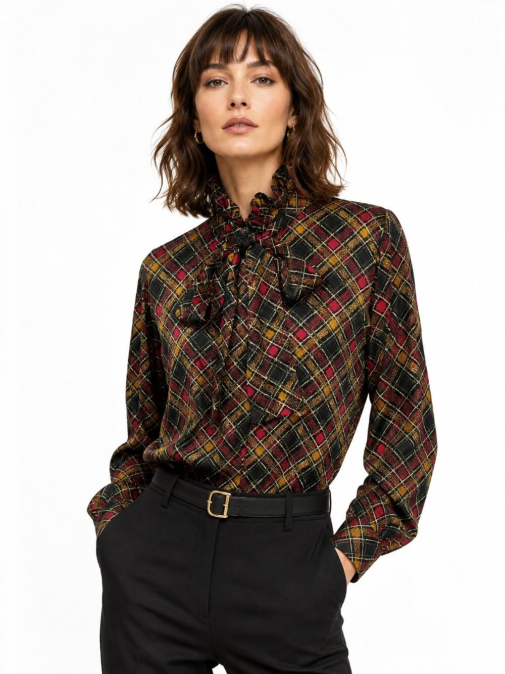 Vintage Saint Laurent Rive Gauche Blouse Black Gold Red High Ruffle Neck Size M?